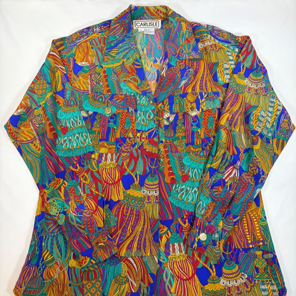 Vintage 80s Carlisle 100% Silk Tassel Scarf Print Button Down Blouse Blue Gold 6